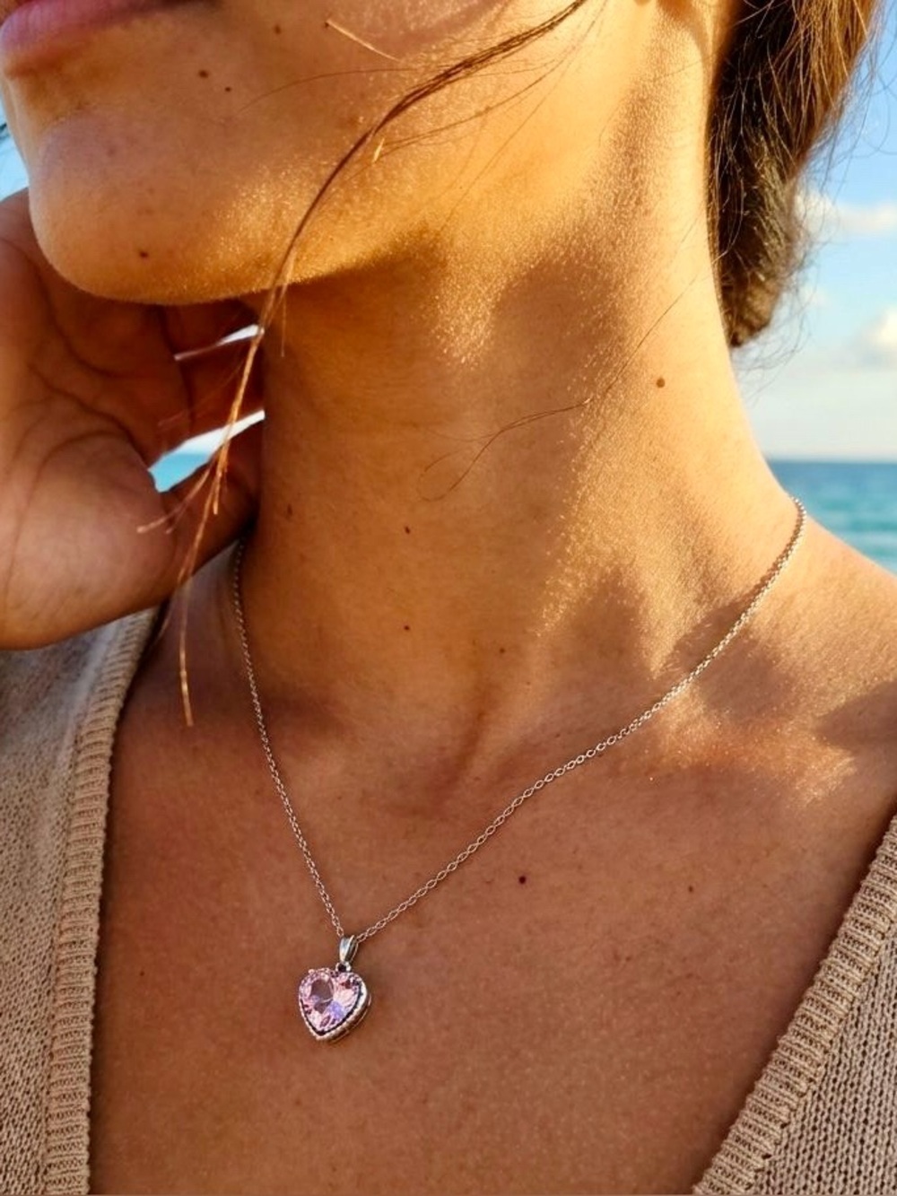 Silver Necklace with Pink Heart Crystal Pendant